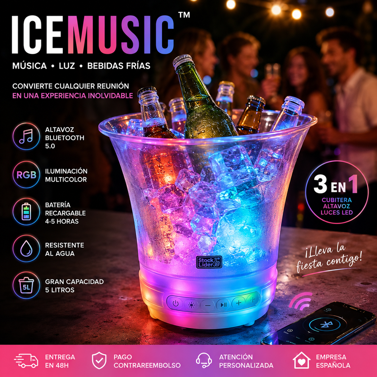 ICEMUSIC™ – Cubitera con altavoz Bluetooth y luces LED