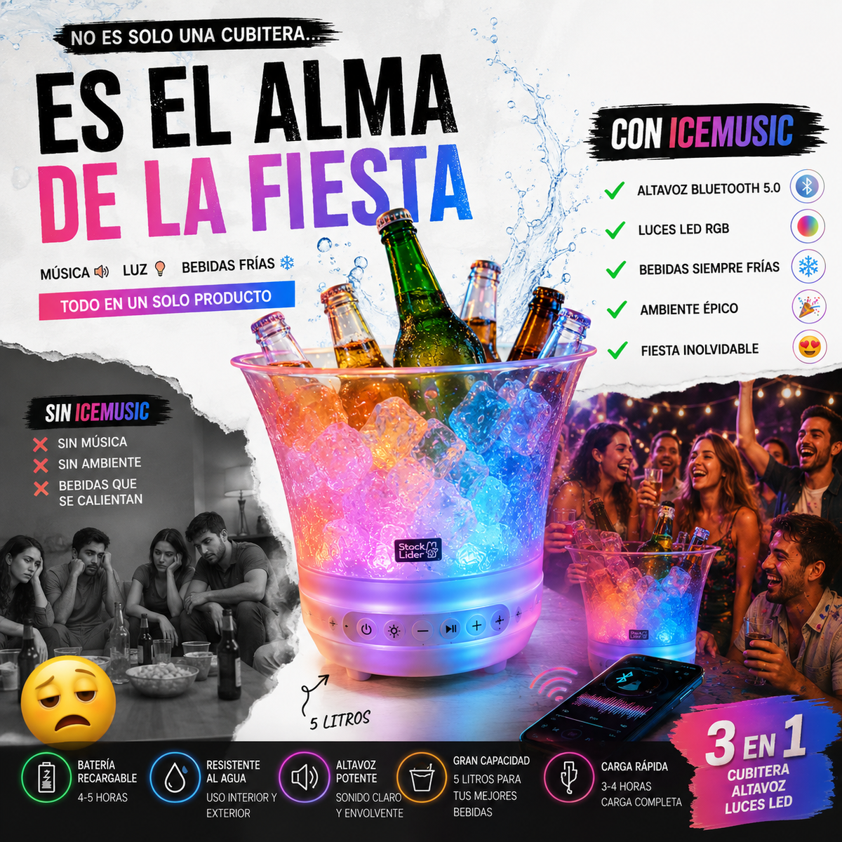 ICEMUSIC™ – Cubitera con altavoz Bluetooth y luces LED